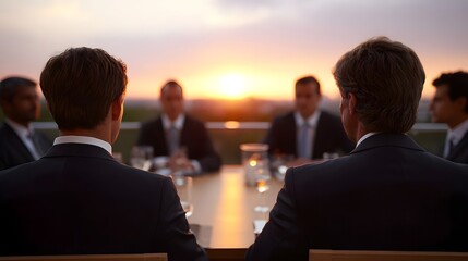 Business professionals gathered for a meeting around a table at sunset