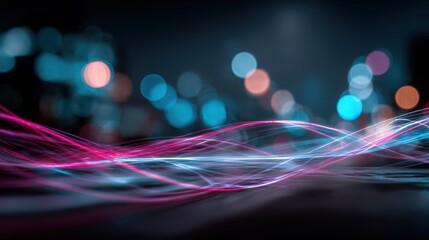 Fast-moving data streams as glowing blue lines over a digital nightscape