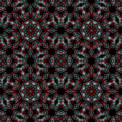 A seamless geometric kaleidoscopic pattern. Symmetry with a floral effect, perfect for textiles, bandanas, scarves, wallpaper, or wrapping paper.
