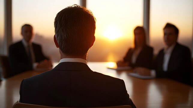 Professional business meeting in a modern boardroom during a golden sunset - Powered by Adobe