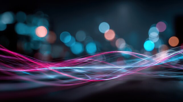 Fast-moving data streams as glowing blue lines over a digital nightscape