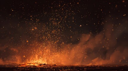 Fiery night sparks rise from a large bonfire, orange glow and abstract light trails across a dark sky