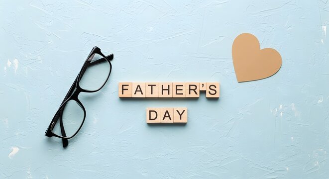 Fathers day celebration with wooden letter blocks spelling fathers day, a pair of glasses, and a heart shape on a light blue background - Powered by Adobe