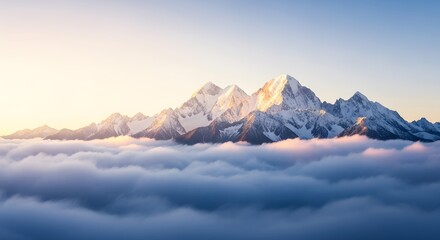 Majestic snowcapped mountain range illuminated by the golden morning sun, rising above a sea of soft, ethereal clouds