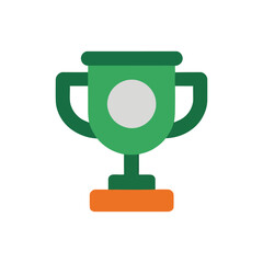 A green trophy with orange base and white circle in the center on a plain white background isolated icon vector, illustration, artwork