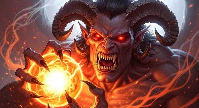 Fierce demon with glowing red eyes and sharp teeth, conjuring a fiery orb of energy, surrounded by smoke and flames - Powered by Adobe