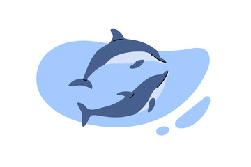 Two dolphins. Flat Vector Illustrations Isolated on blue waves Background. Wild oceanic aquatic animal animals. Two cute Mammal animal, dolphins swim in sea