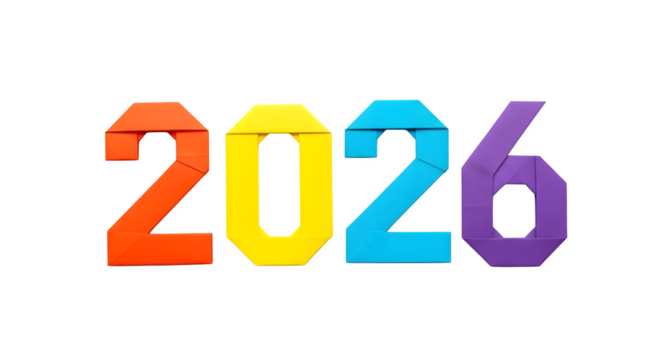 Colorful origami numbers 2026 isolated on transparent background
