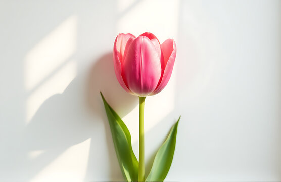 soft focus photograph single vibrant pink tulip centered crisp white background illuminated warm overhead light minimalist