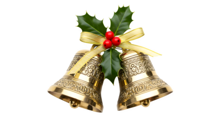 Golden christmas bells with holly and red berries isolated on transparent background