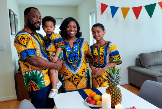 African American family standing together in living room, smiling and wearing matching traditional clothing, middle aged man holding young child, woman and preteen girl standing nearby - Powered by Adobe
