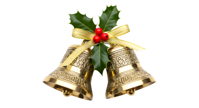 Golden christmas bells with holly and red berries isolated on transparent background