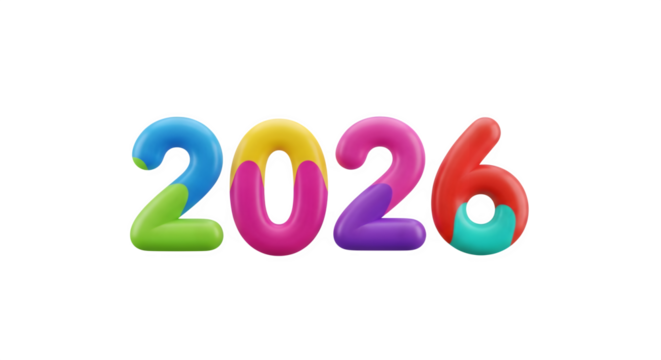 Colorful 2026 numbers isolated on transparent background