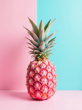 soft focus ripe pink pineapple sitting atop soft pink baby blue ombre background subtle brush stroke
