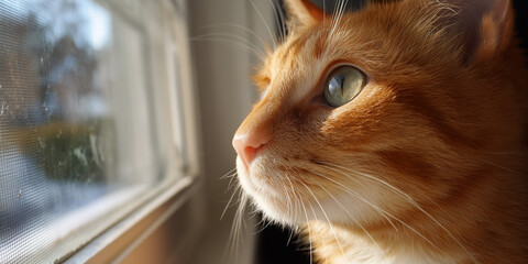 Close-up of an orange cat gazing thoughtfully out the window in soft sunlight