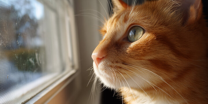 Close-up of an orange cat gazing thoughtfully out the window in soft sunlight - Powered by Adobe