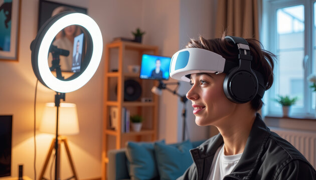 Influencer recording video at home lifestyle image modern environment intimate viewpoint