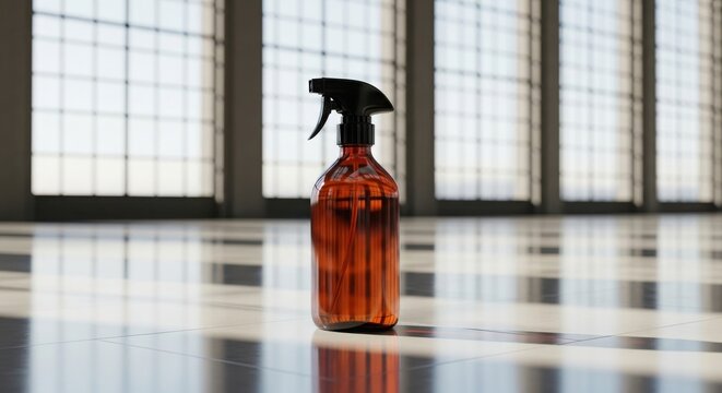 Amber spray bottle with cleaning fluid standing on a floor isolated PNG with Transparent Background