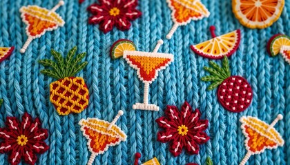 Colorful embroidered design featuring tropical drinks and fruits on a vibrant knitted background with copy space