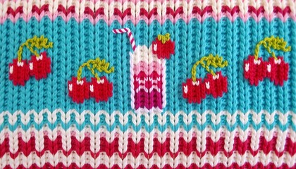 Colorful knitted design featuring cherry drinks and cherries on a vibrant background with copy space