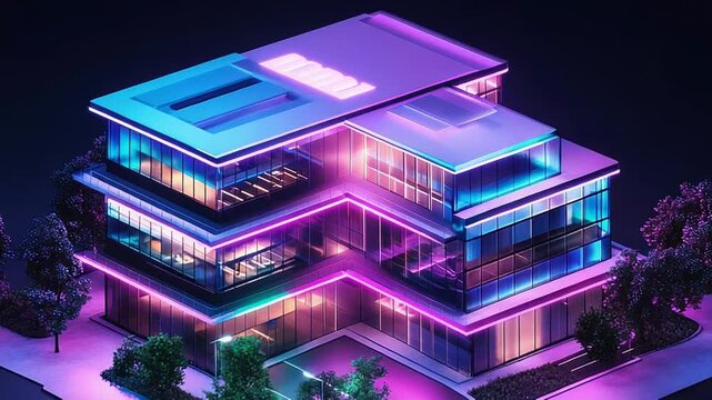 Futuristic isometric building glowing with neon digital architecture