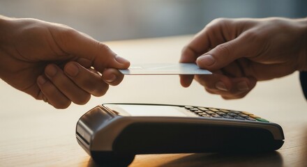 Close up of two hands exchanging a credit card over a payment terminal. Customer making a purchase in a retail store. Cashless transaction concept