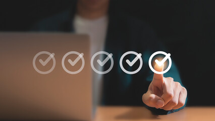 Businessman checks correct approval, acceptance, quality assurance concept, assessment, questionnaire, evaluation, online survey, online exam, checklist.