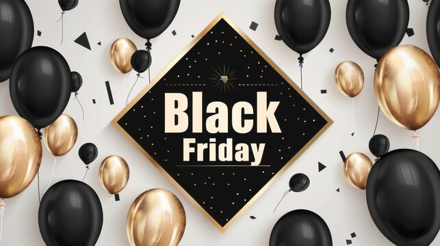 Black and gold balloons with confetti on a white background. A diamond-shaped sign displays the text 'Black Friday'. - Powered by Adobe