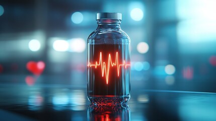 Heart monitor with medical device and crystalloid saline bottle in hospital