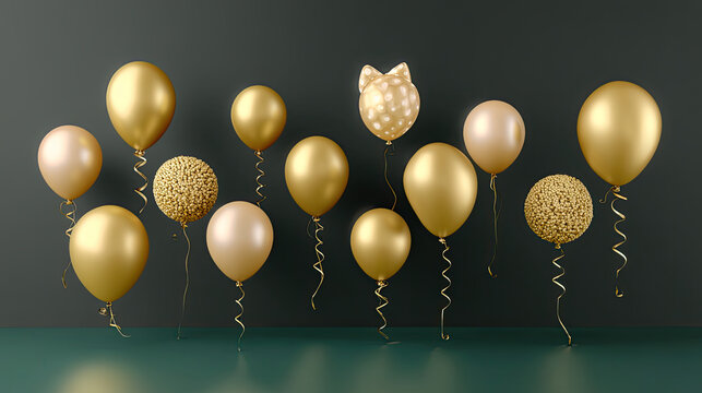 Golden balloons in various shapes and sizes create festive , perfect for celebrations and parties. elegant design adds touch of glamour to any event