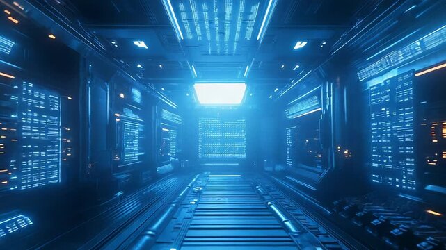 Futuristic server room displaying data and network connections - Powered by Adobe