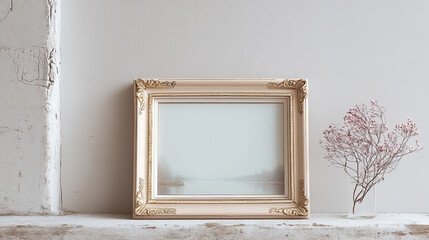 vintage frame with blank canvas sits on rustic shelf beside delicate flower vase. soft colors and minimalistic design create peaceful ambiance, perfect for home decor