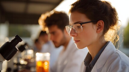 Young students in lab coats conducting scientific research outdoors using microscopes and observing experiments in bright sunlight
