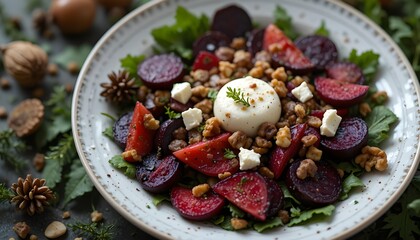 Rustic winter greens with roasted beets, goat cheese, and walnuts in a cozy holiday setting