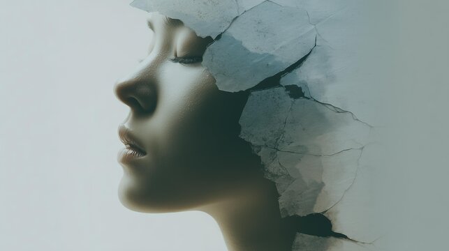 The image of a contemplative adult woman in profile with a cracked shell overlay on the head, surreal glass-crack texture, cool blue tones, digital art