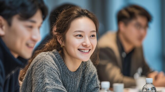 Bright young Asian woman smiling during a collaborative team meeting in a modern office conference room with colleagues in the background
