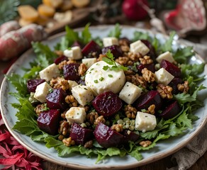 Rustic winter greens with roasted beets, goat cheese, and walnuts in a cozy holiday setting