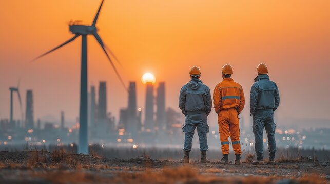 Three adult industrial workers in orange and blue coveralls with hard hats stand on a hill at sunset, overlooking wind turbines and city skyline