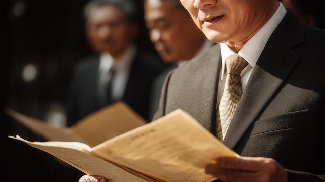 Middle-aged Caucasian man in a dark suit reading a document at a formal business event with warm sunlight and blurred colleagues in background