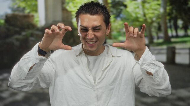 Young hispanic man playfully posing in a sunlit park showing an expressive attitude surrounded by lush greenery and a relaxed outdoor vibe showcasing a fun dynamic scene
