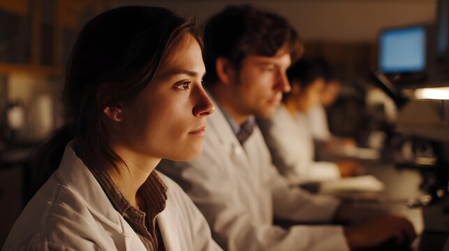 Scientists in a softly lit laboratory focused on research and analysis wearing lab coats and using advanced scientific equipment