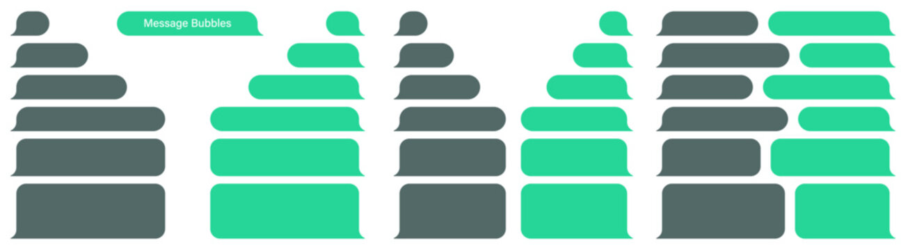 Blank various message bubbles. Green chat or messenger speech bubble. SMS text frame. Short message sending. Dark mode. Vector illustration.