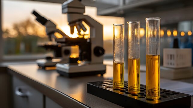 Scientific laboratory with microscopes and test tubes filled with yellow liquid at golden hour