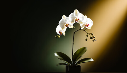 Exquisite white orchid in sleek black pot, studio lit with warm golden gradient backdrop. Minimalist composition highlights elegant petals, vibrant green leaves for luxury, serenity, refined beauty.