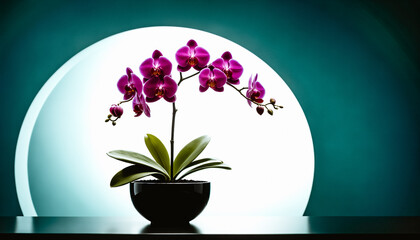 Contemporary still life of a potted orchid with glowing magenta blooms against a teal gradient backdrop. Studio lighting highlights botanical precision and serene minimalism.