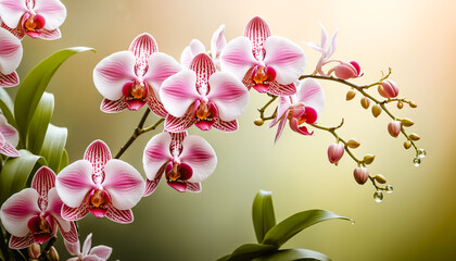 Macro shot of pink and white orchids with red striations and orange centers. Water droplets glisten on stems amid lush green leaves under warm lighting. High detail, soft focus background.