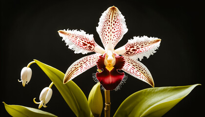 Macro still life of a white orchid with red speckles and frayed petals. Studio lighting highlights its luxurious texture. Green leaves and buds add depth.