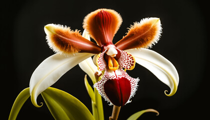 Studio macro of single orchid with velvety brown, fiery orange, and luminous white petals. High contrast lighting isolates subject against black, revealing intricate textures and botanical elegance.