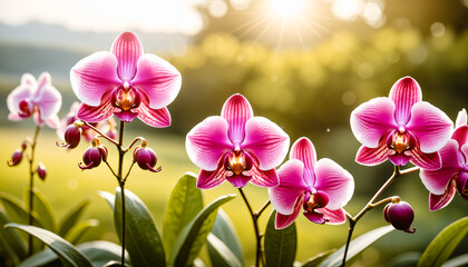 Radiant pink orchids bloom under warm sun flare, rendered in macro detail with soft focus and lush green bokeh. High dynamic range lighting captures vibrant color and botanical serenity.