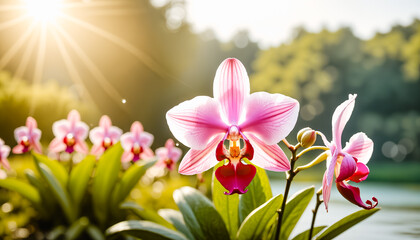 A single pink orchid glows under backlit sunflare, petals detailed with vibrant saturation. Bokeh background, shallow depth of field, high-key lighting, warm tone evoke serenity and natural beauty.